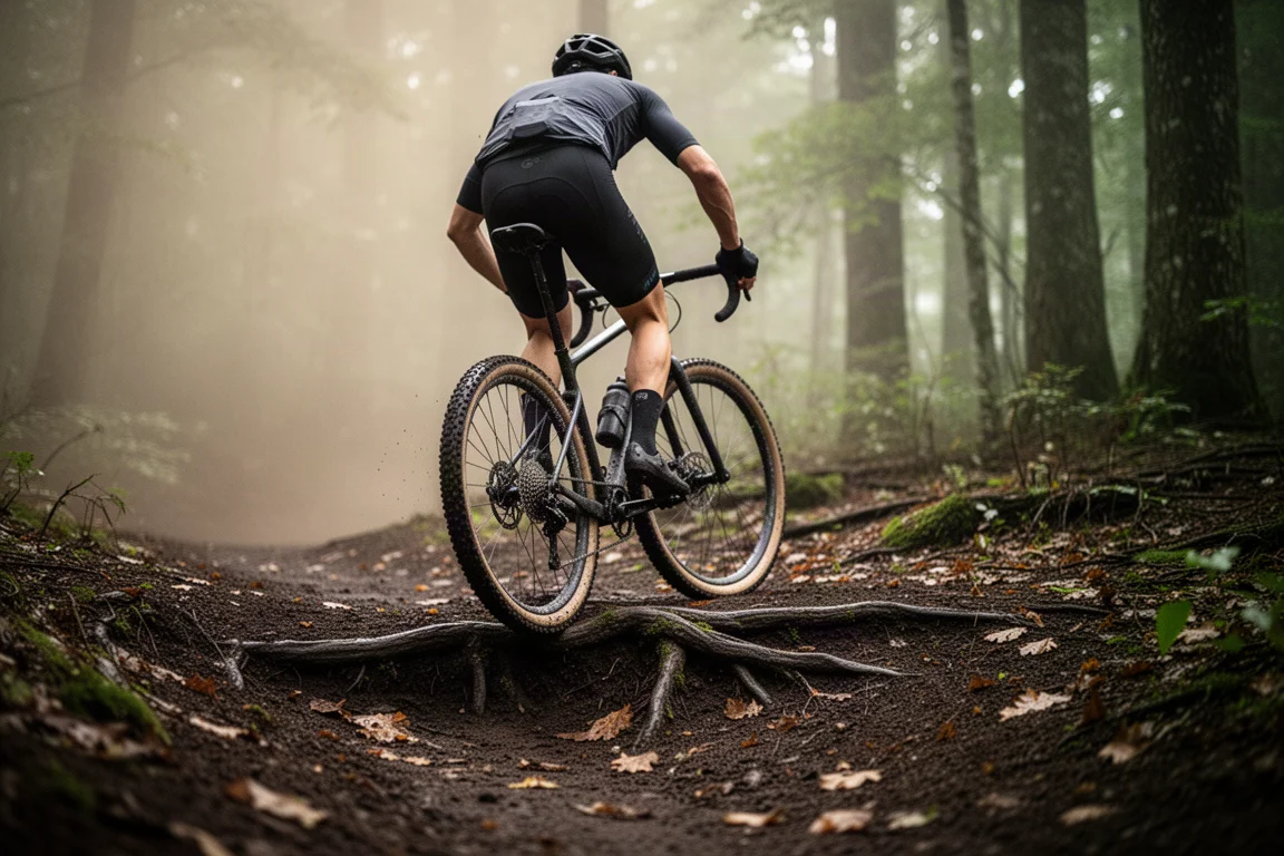 Gravel cyclist descending a rooty forest trail in dappled light