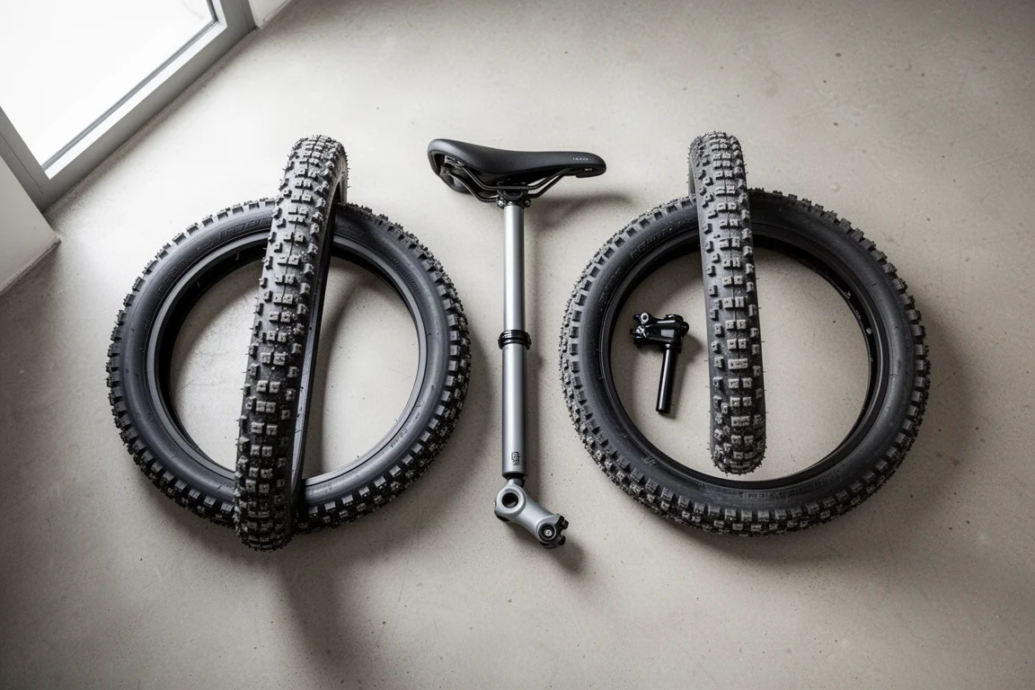 Overhead flat-lay of gravel comfort upgrades on a concrete surface