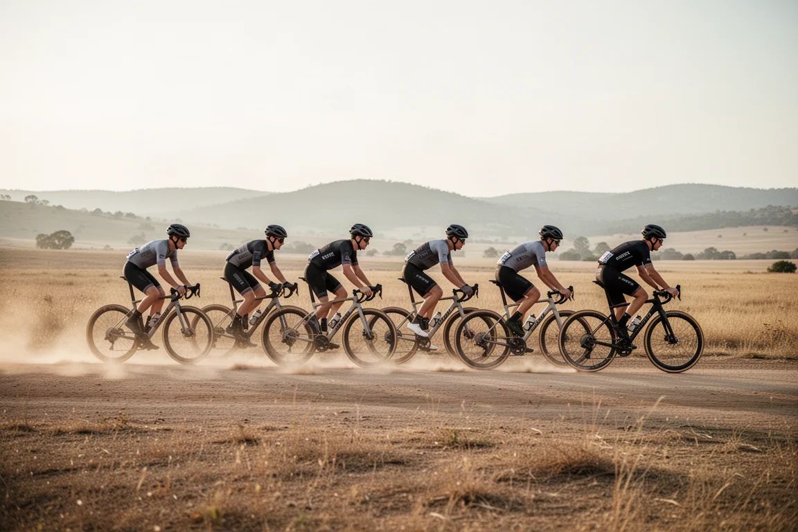 Ciclistas de gravel pedalando rápido em estrada de terra seca em campo aberto