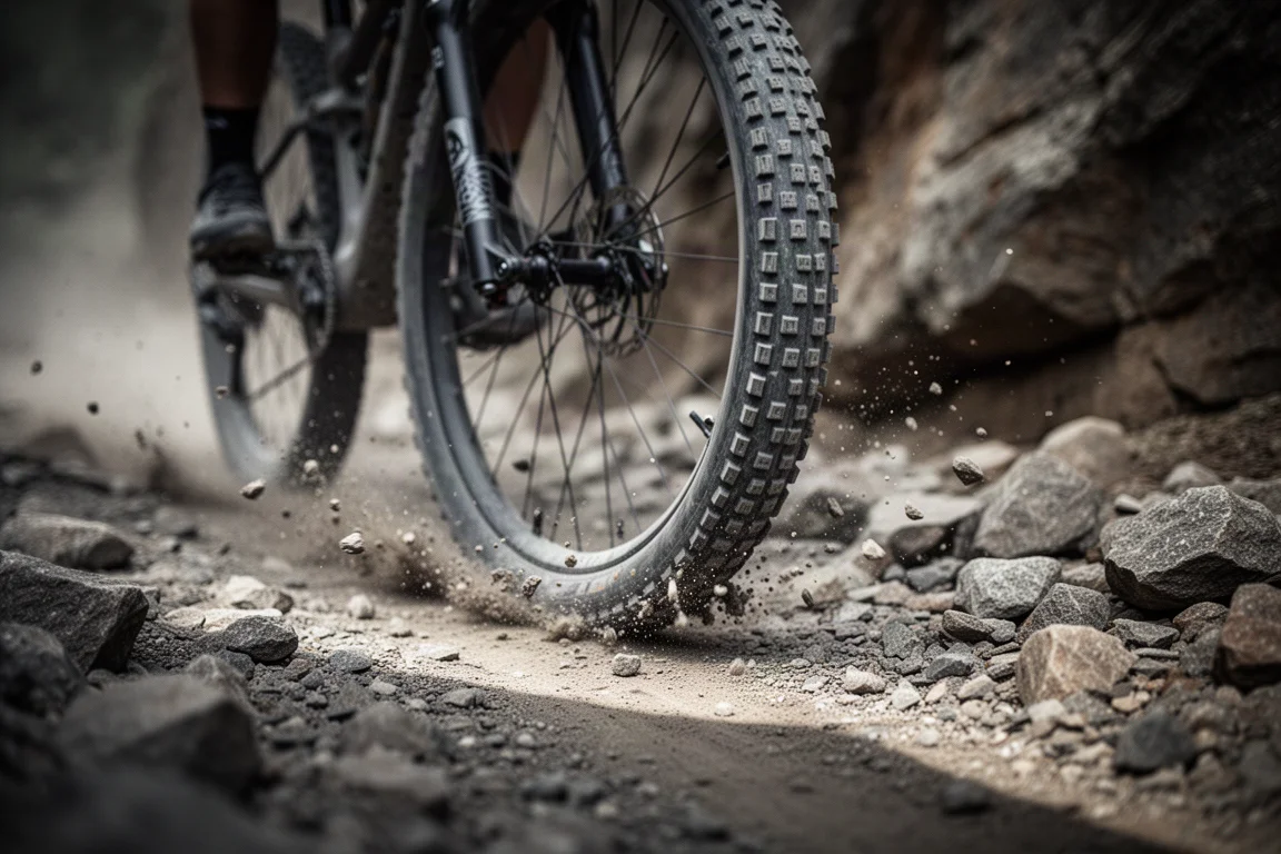 Pneu de gravel agarrando rocha solta e cascalho em uma descida técnica