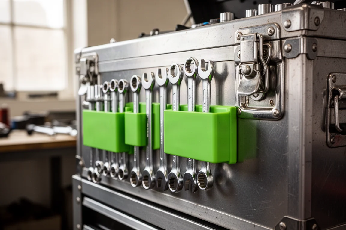 Leuchtgrüne magnetische Werkzeughalter an der Seite eines Stahl-Werkzeugkasten mit Handwerkzeugen