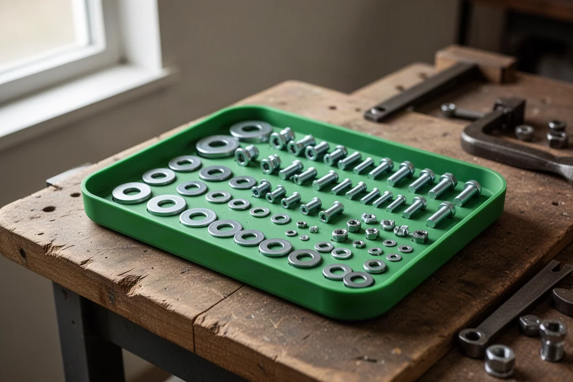 Grüne magnetische Kleinteile-Schale mit kleinen Befestigungsteilen auf einer Werkbank