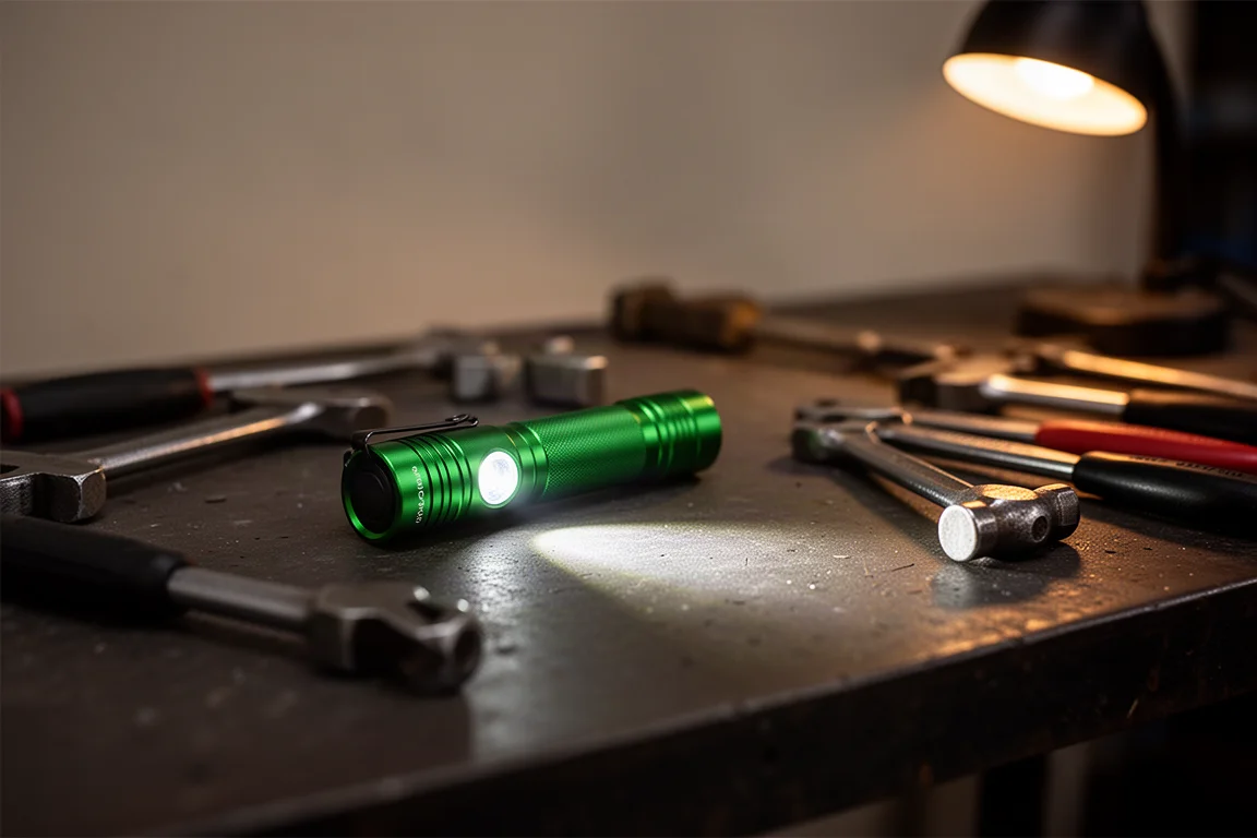 Kompakte grüne Taschenlampe mit hellem Lichtkegel über einer Werkbank