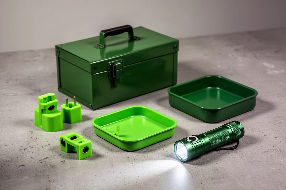 Collection of green toolbox accessories arranged on a concrete surface