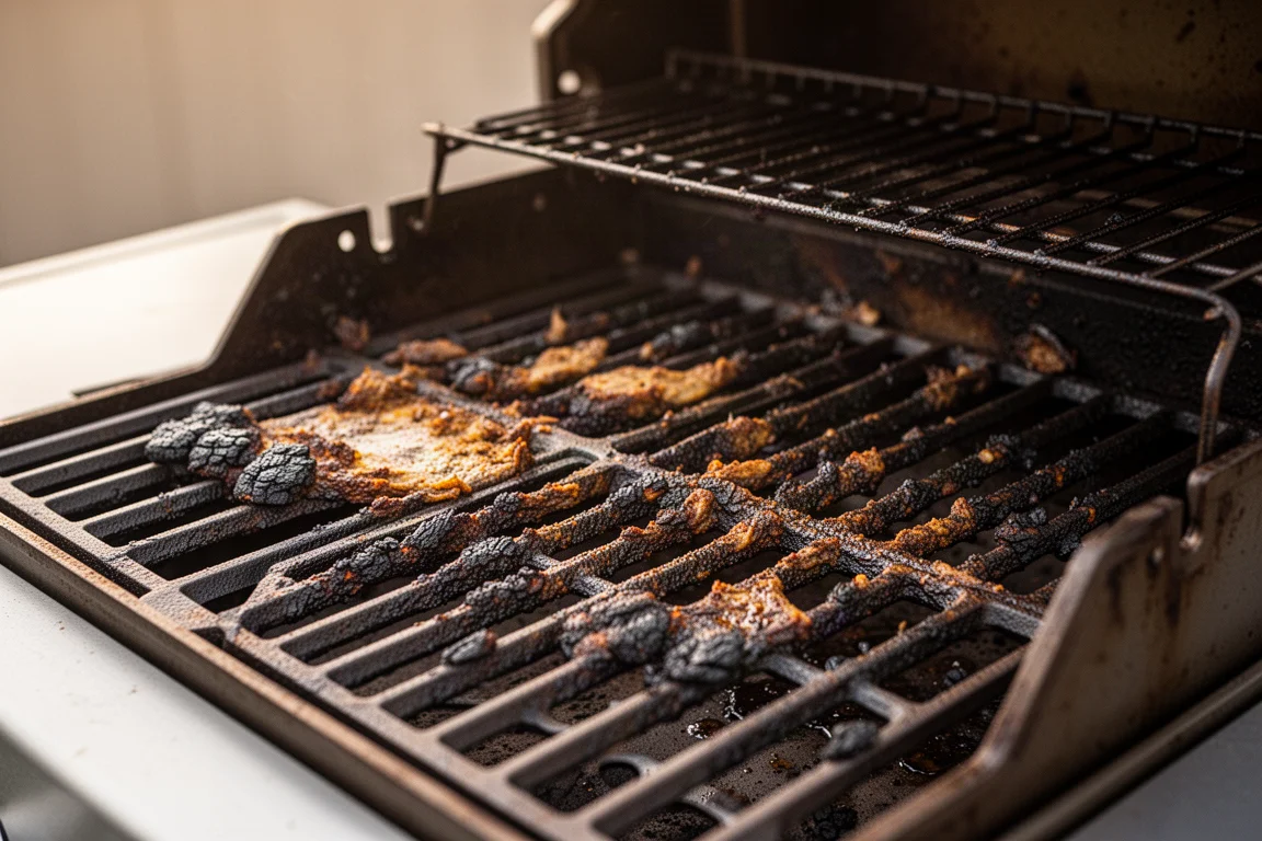 Grilles de barbecue couvertes de résidus carbonisés prêtes à être nettoyées