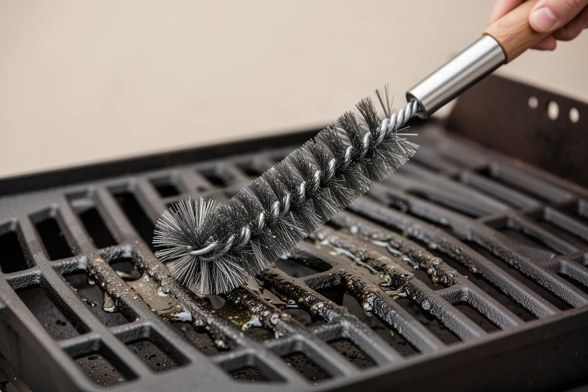 Main nettoyant des grilles froides avec une brosse en nylon