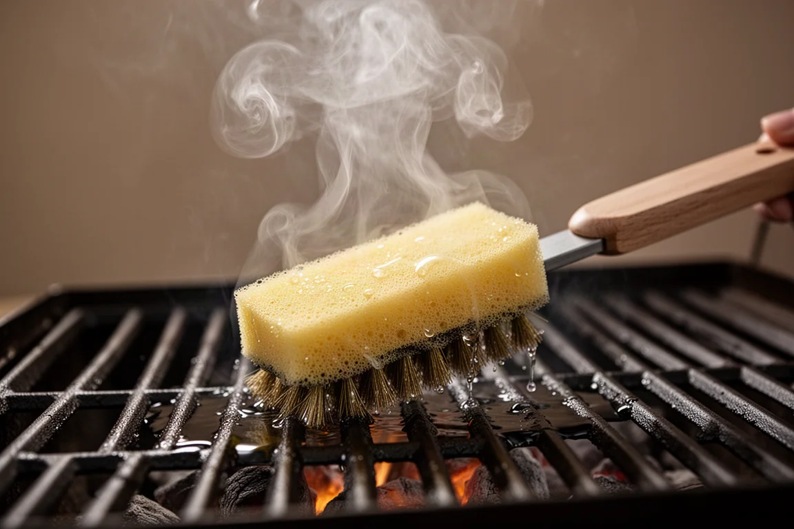 Vapeur s'élevant pendant qu'une brosse éponge nettoie des grilles chaudes