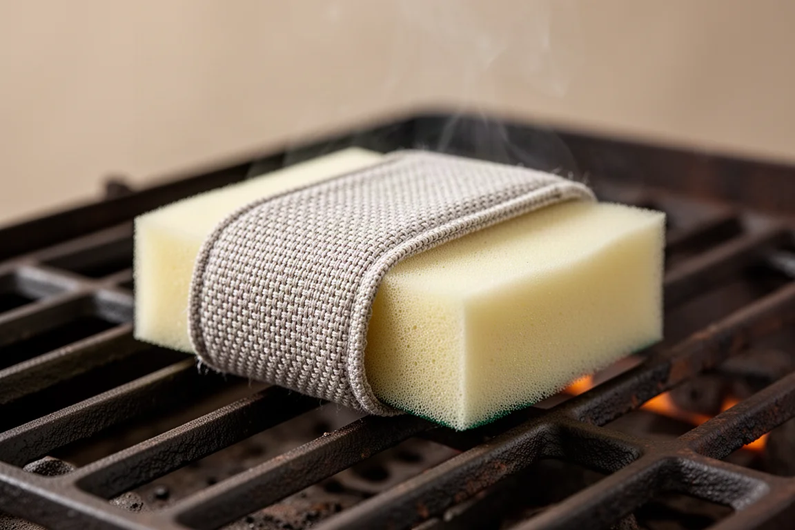 Gros plan d'une tête de brosse en tissu sur les grilles du barbecue