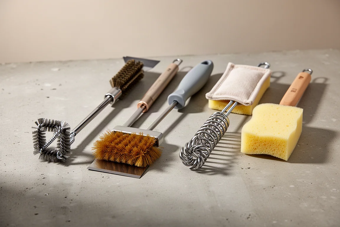 Six different grill brush designs arranged in a row on a concrete surface