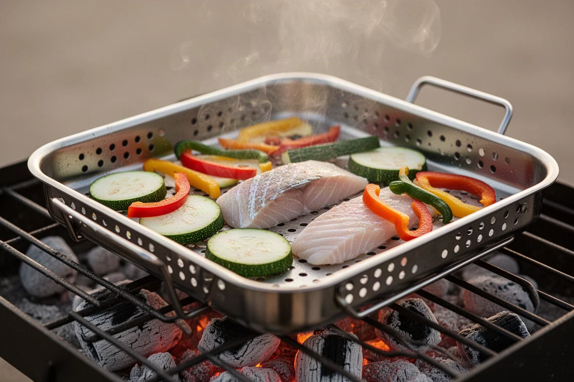 Grilled vegetables and fish pieces cooking in a perforated steel tray on hot grill grates