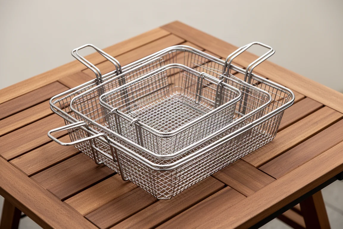 Hands-free arrangement of three stacked stainless steel grill baskets on a wooden table