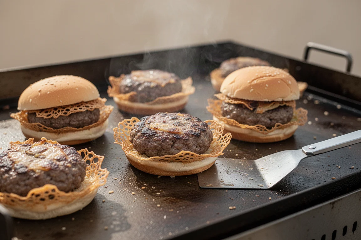 Smash burgers browning on a flat-top griddle surface with a spatula nearby