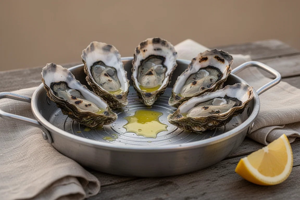 Grilled oysters served upright in a round cast aluminum pan on an outdoor table