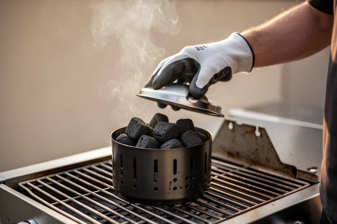 Gloved hand lifting the lid of a hot charcoal chimney starter