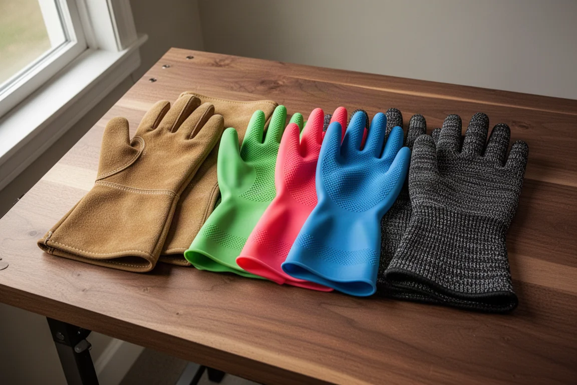 Three grill glove materials laid side by side on a wooden work surface