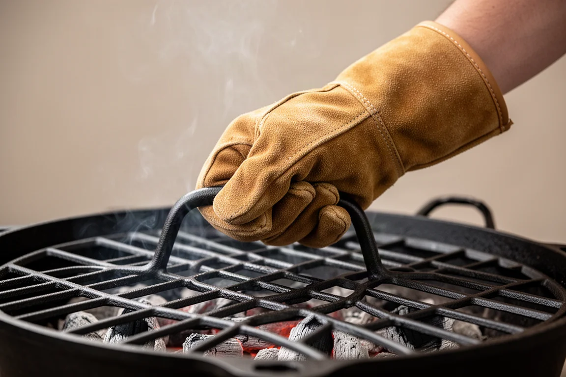 Tester picking up a hot grill grate handle with a thick suede glove