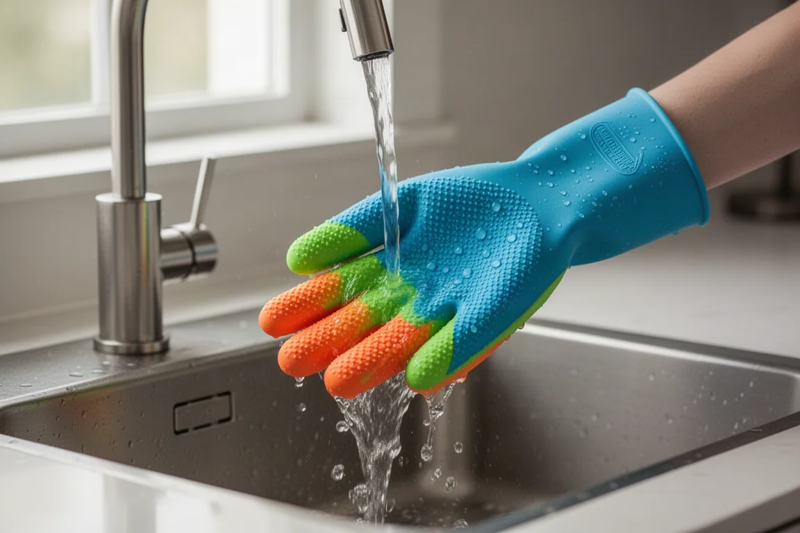Silicone grill glove being rinsed clean under a kitchen tap