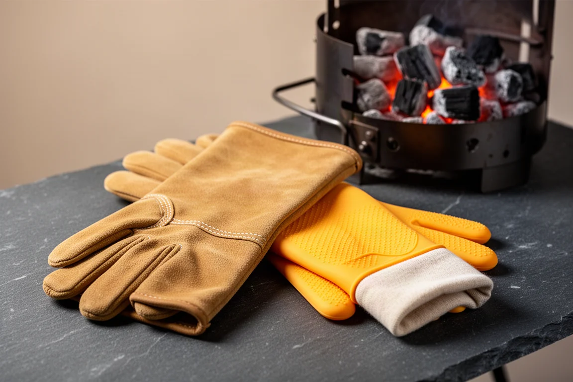 A suede leather grill gauntlet and a silicone grill glove beside a charcoal chimney starter