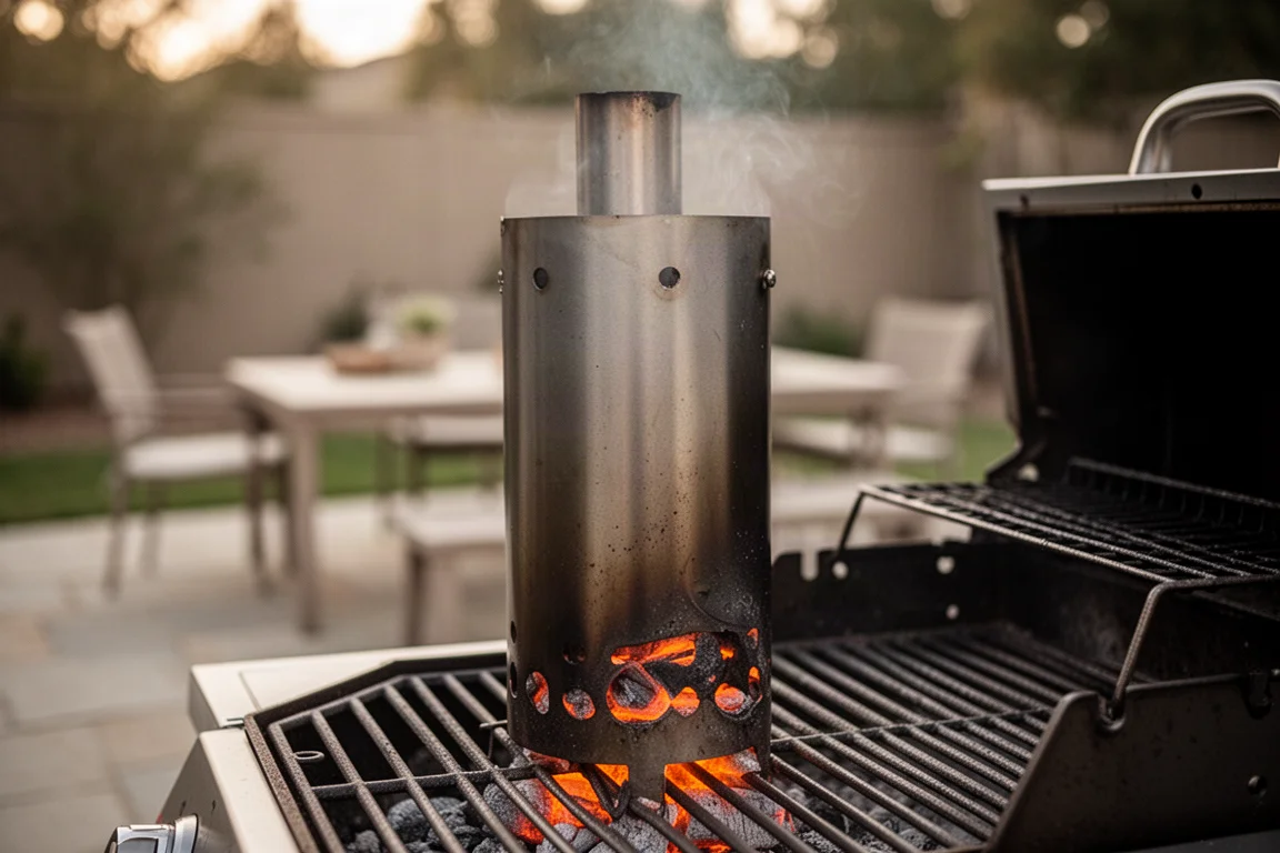 Carbón al rojo vivo dentro de un encendedor de chimenea sobre la rejilla de una parrilla