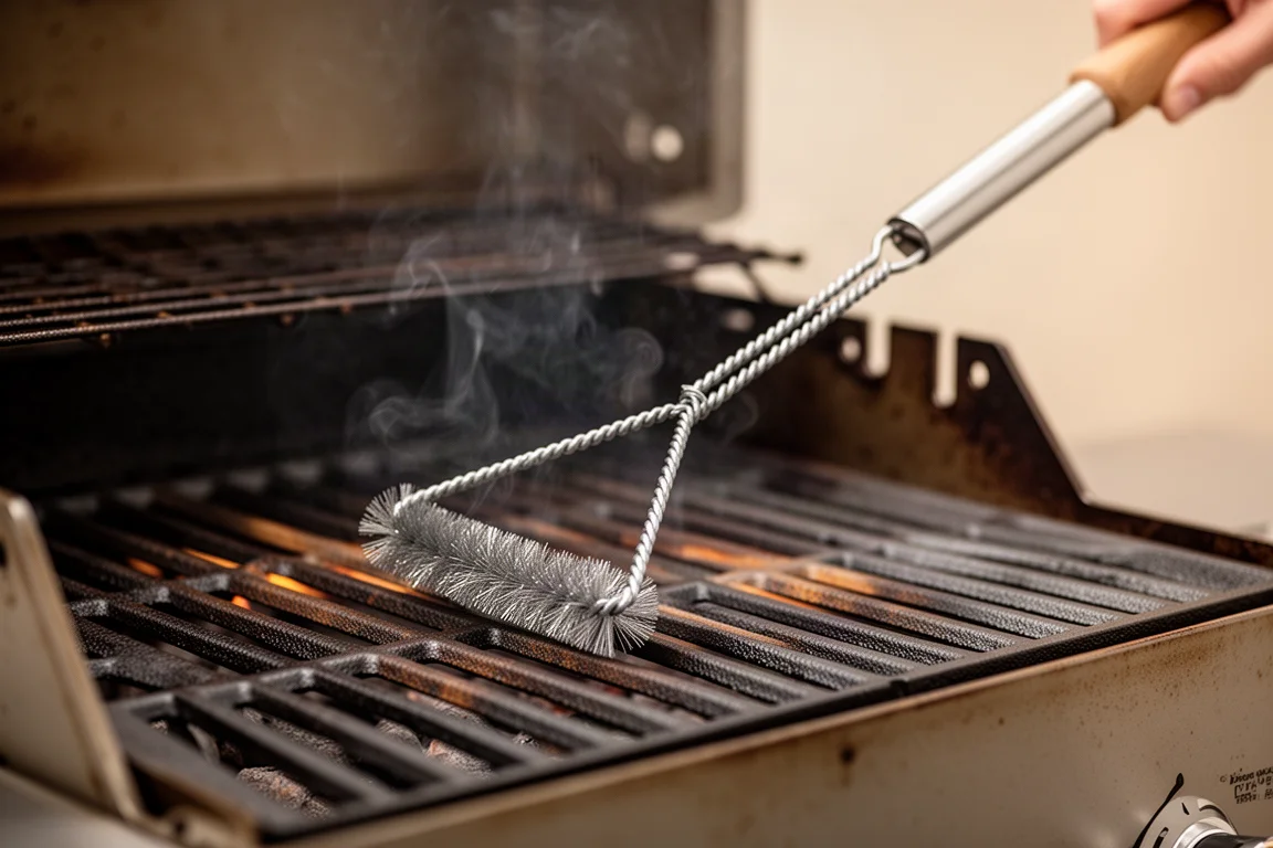 Una mano raspando una rejilla caliente de la parrilla con un cepillo de alambre