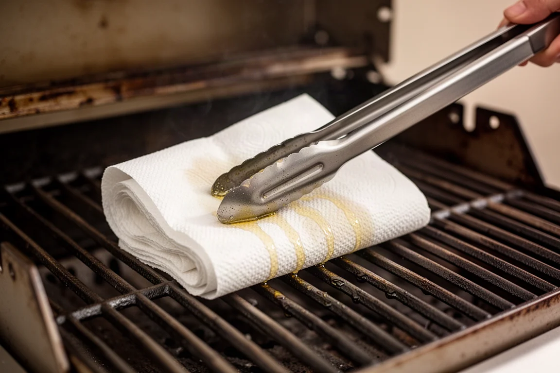 Una toalla de papel aceitada pasando por la rejilla de la parrilla con pinzas