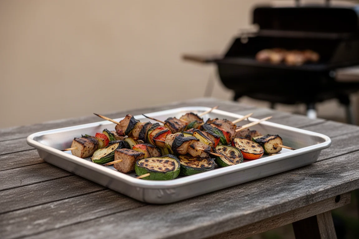 Una bandeja de aluminio con bordes sosteniendo alimentos asados sobre una mesa exterior