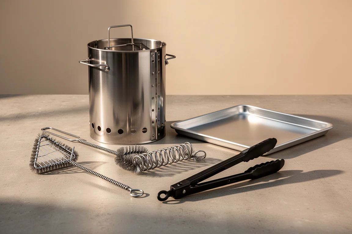 Chimney starter, two grill brushes, tongs, and a half sheet pan arranged on concrete