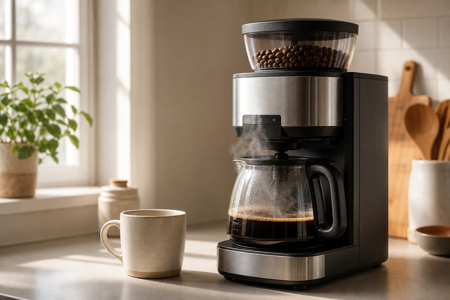 Scena mattutina in cucina con caffè in preparazione e vapore che sale dalla caraffa