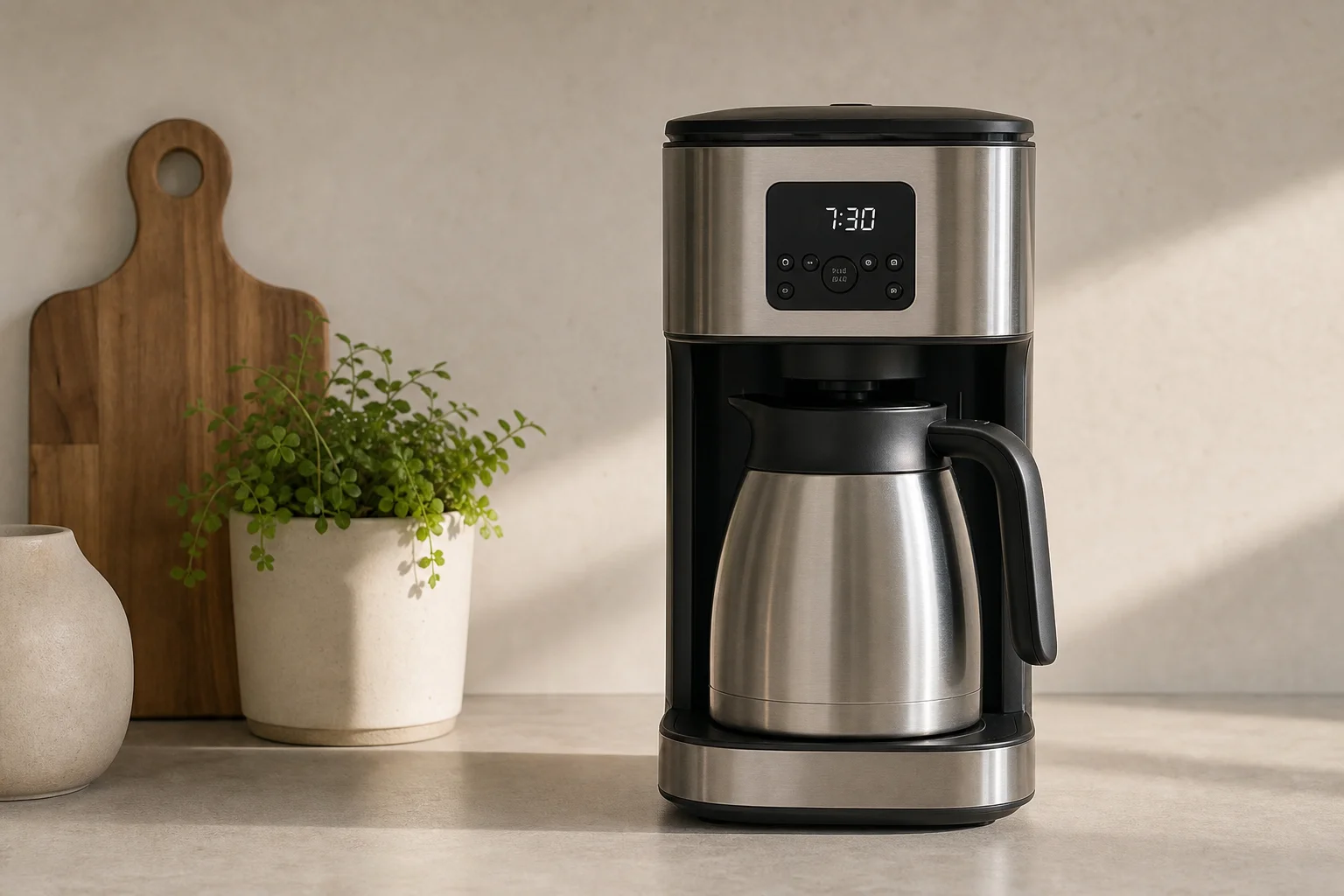 Macchina da caffè con caraffa termica sul bancone e display digitale delle impostazioni