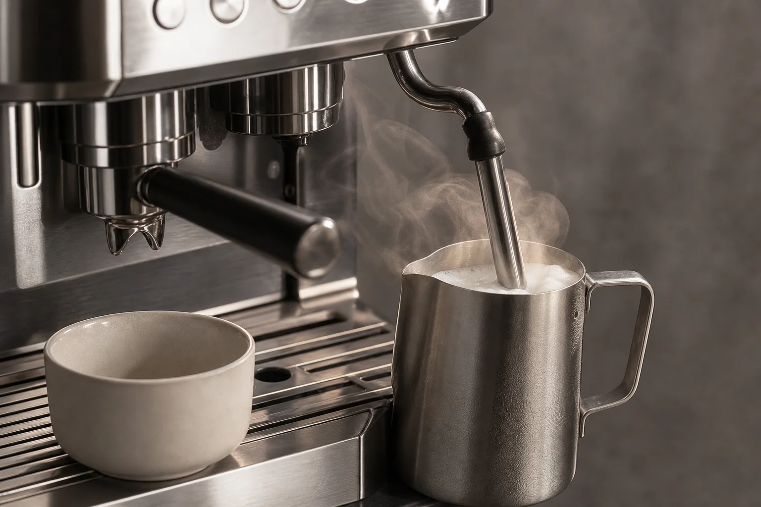 Lancia vapore di una macchina espresso che crea micro-schiuma per la latte art