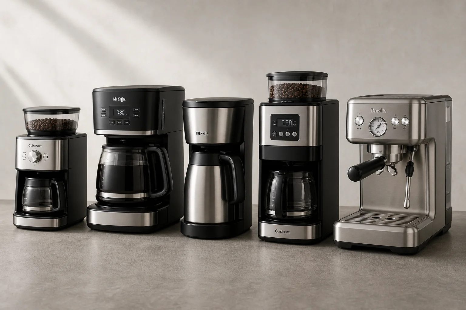 Five coffee makers displayed in a row on concrete surface