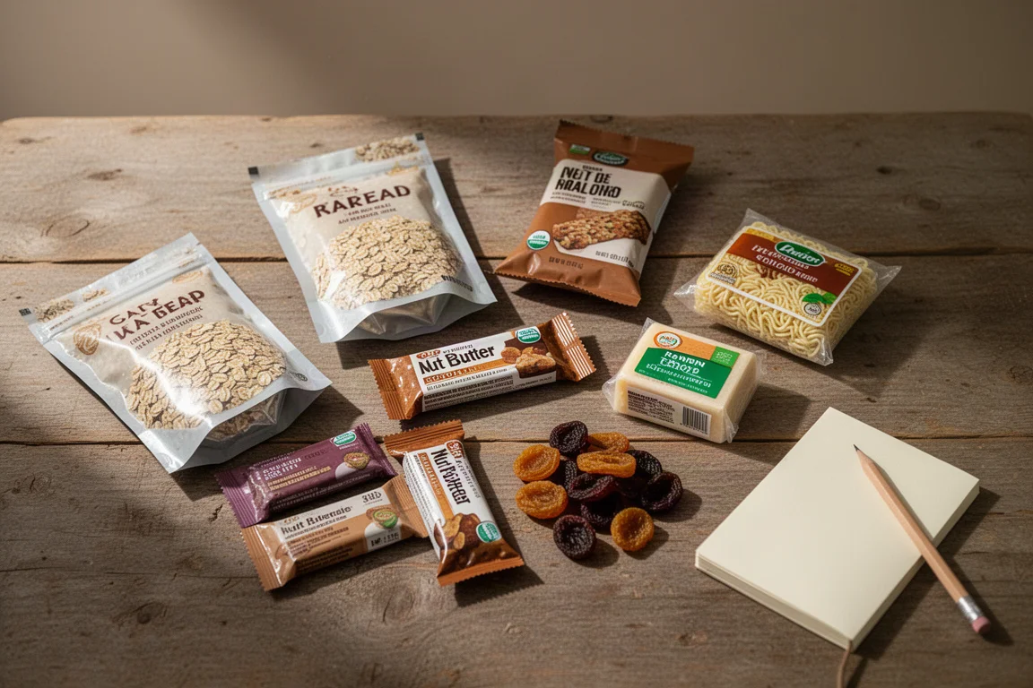 Flat-lay dall'alto di cibi non deperibili da sentiero su un tavolo di legno usurato