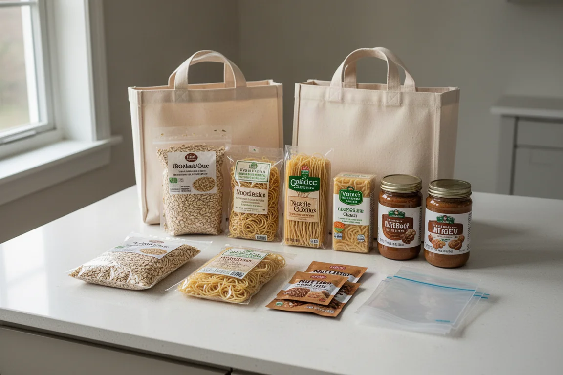 Piano cucina con borsa riutilizzabile e generi non deperibili disposti in file