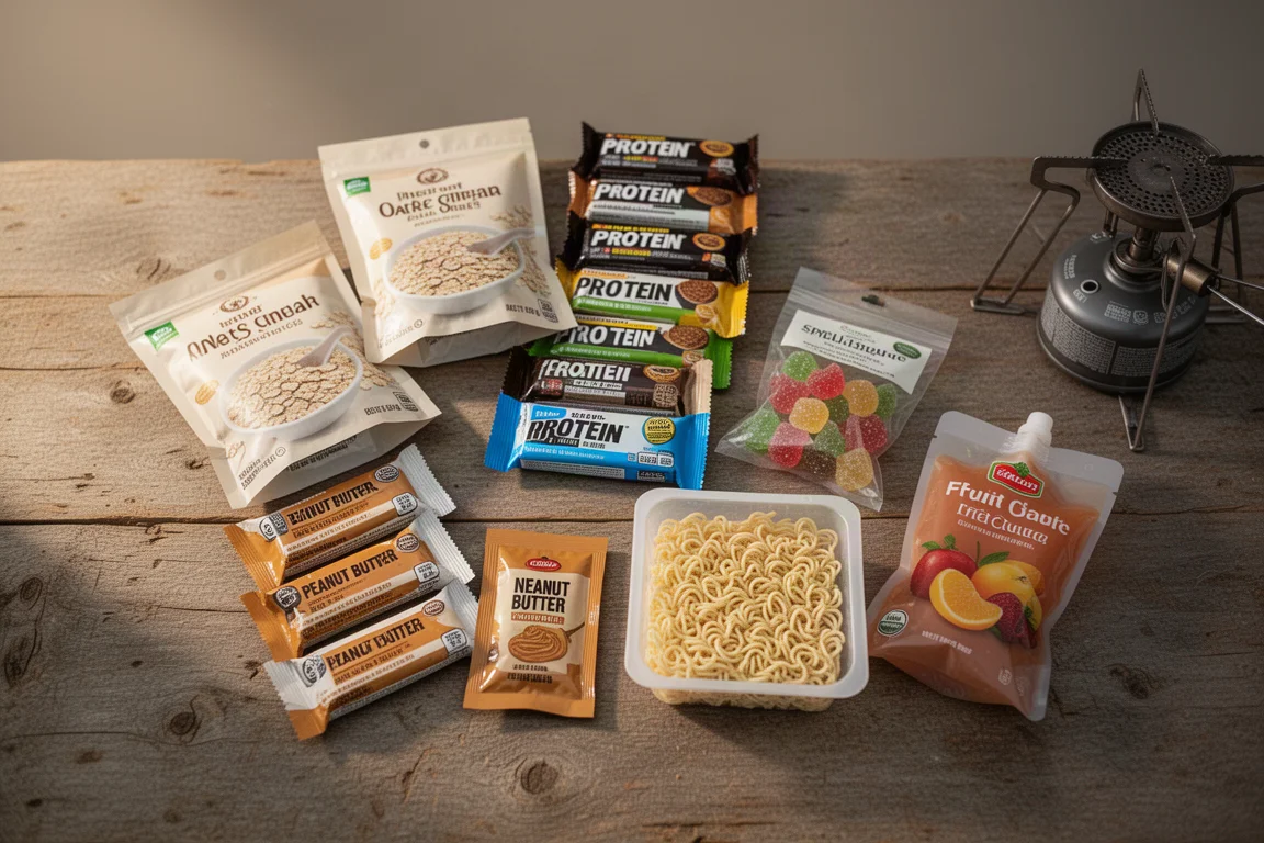 Non-perishable backpacking foods arranged as an overhead flat-lay on wood