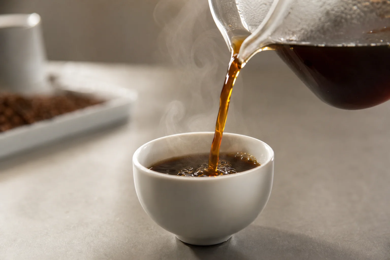 Coffee being poured into white tasting cup with steam rising