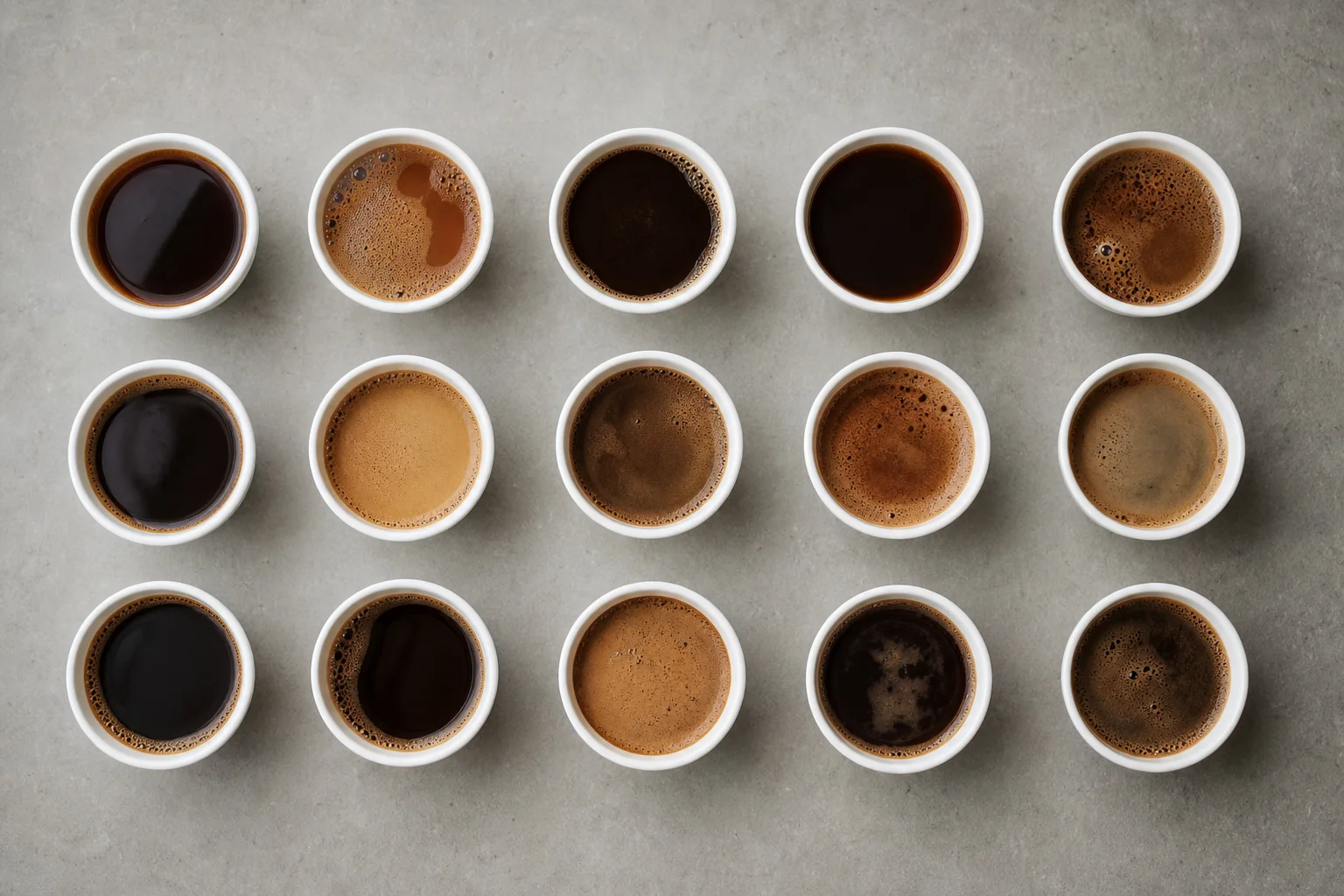 Multiple white tasting cups with coffee samples arranged overhead
