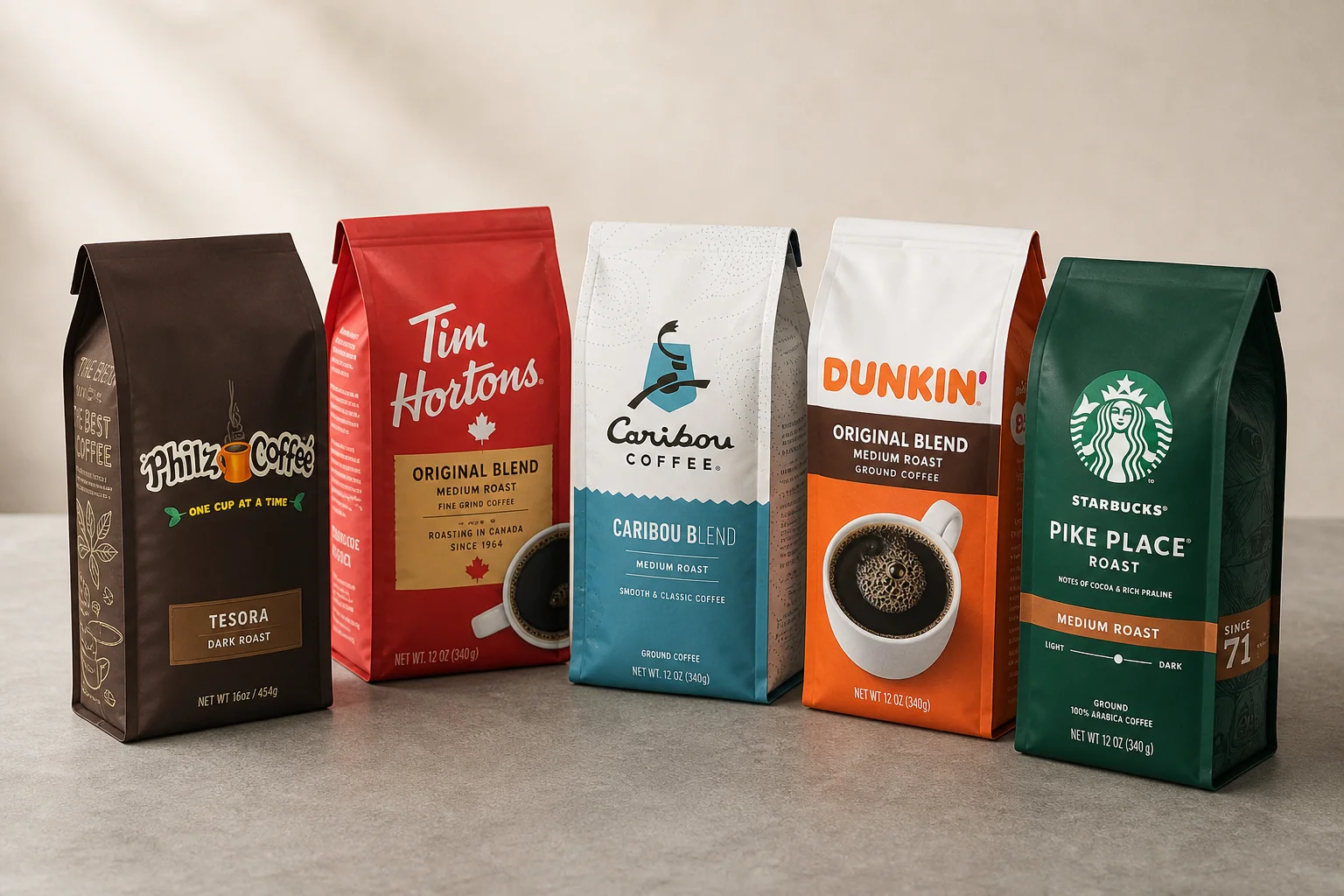 Five grocery store coffee brand bags arranged on concrete surface