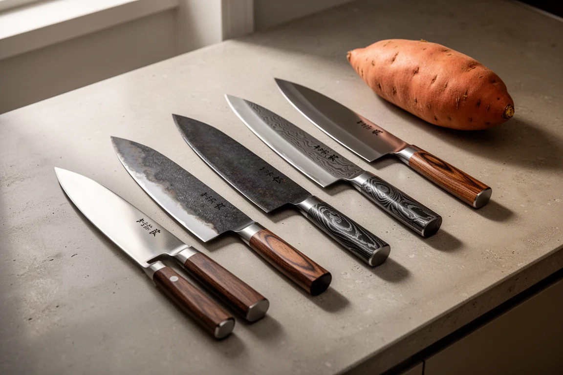 Row of Japanese gyuto knives on a concrete counter beside a sweet potato