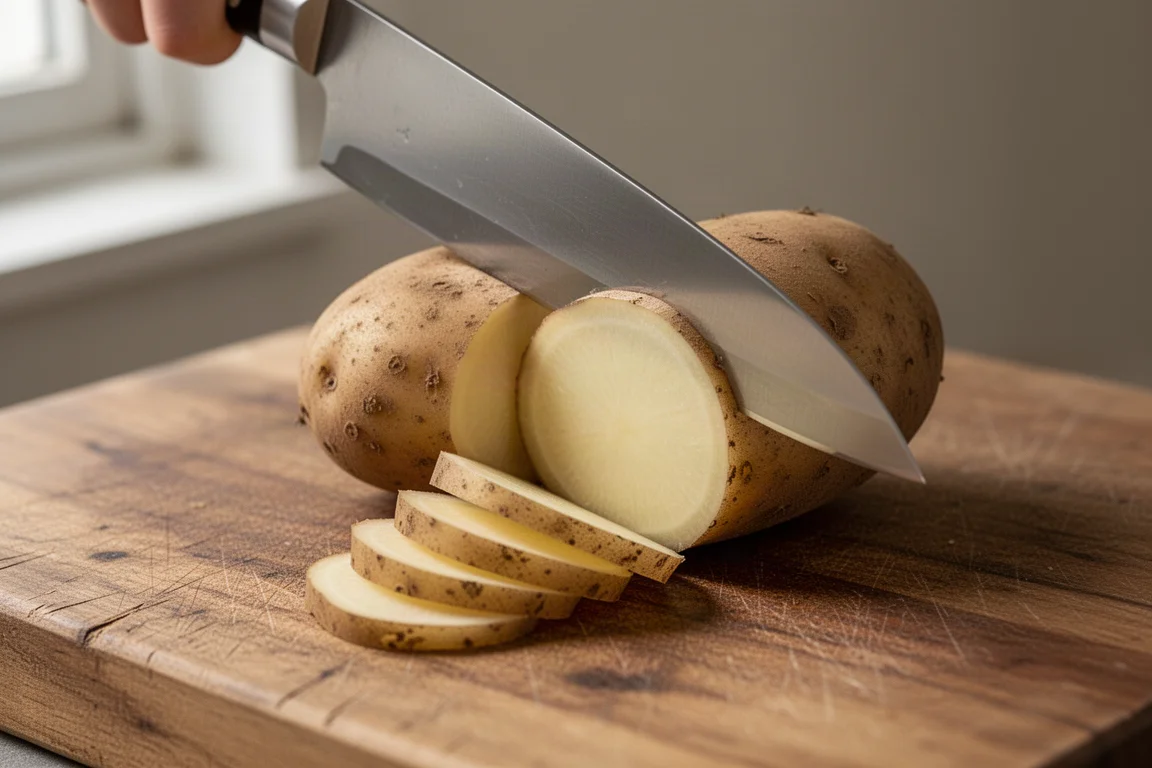 Chef fatiando uma batata crua com uma gyuto japonesa sobre uma tábua de madeira
