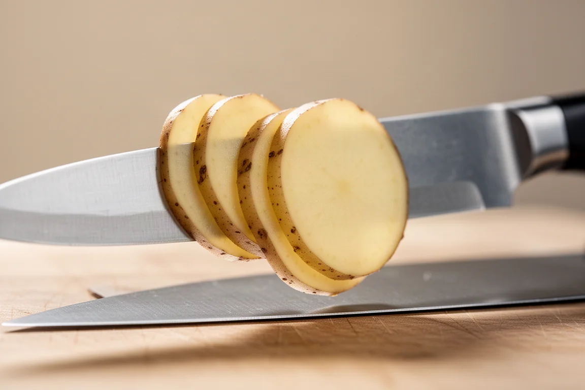Fatias finas de batata repousando limpas sobre a lâmina de uma faca durante um teste de soltura de alimentos