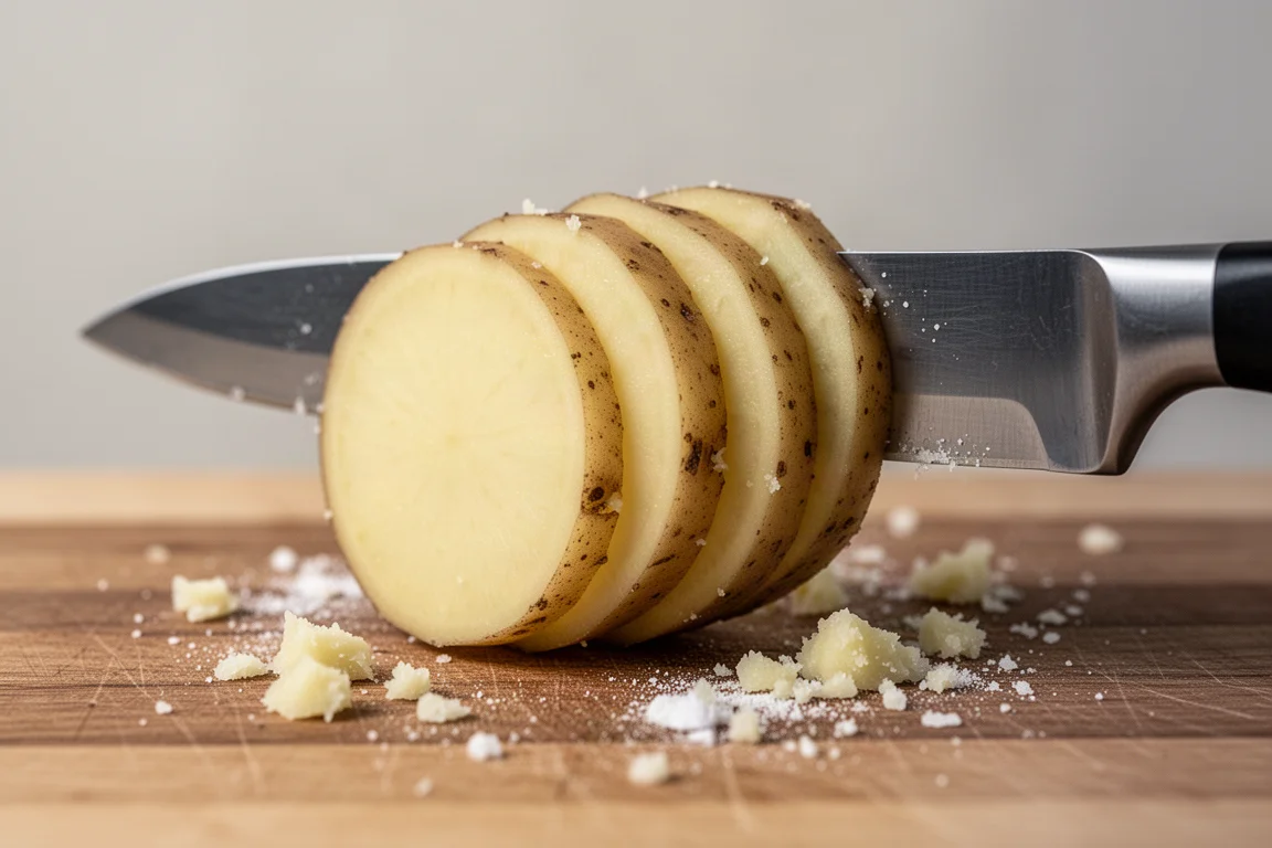 Fatias de batata presas ao longo da lâmina côncava de uma faca após um corte reto