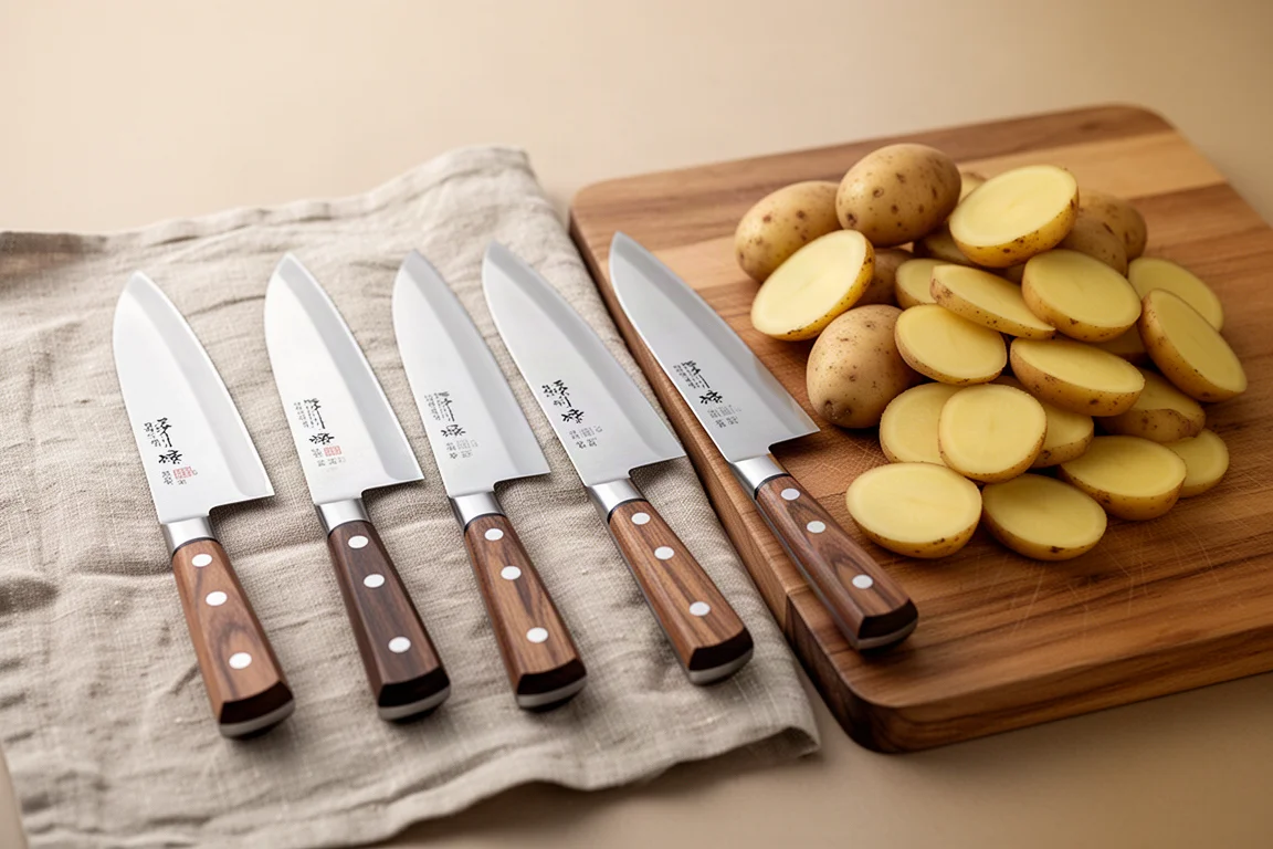 Fileira de facas gyuto japonesas sobre um balcão ao lado de uma pilha de batatas fatiadas