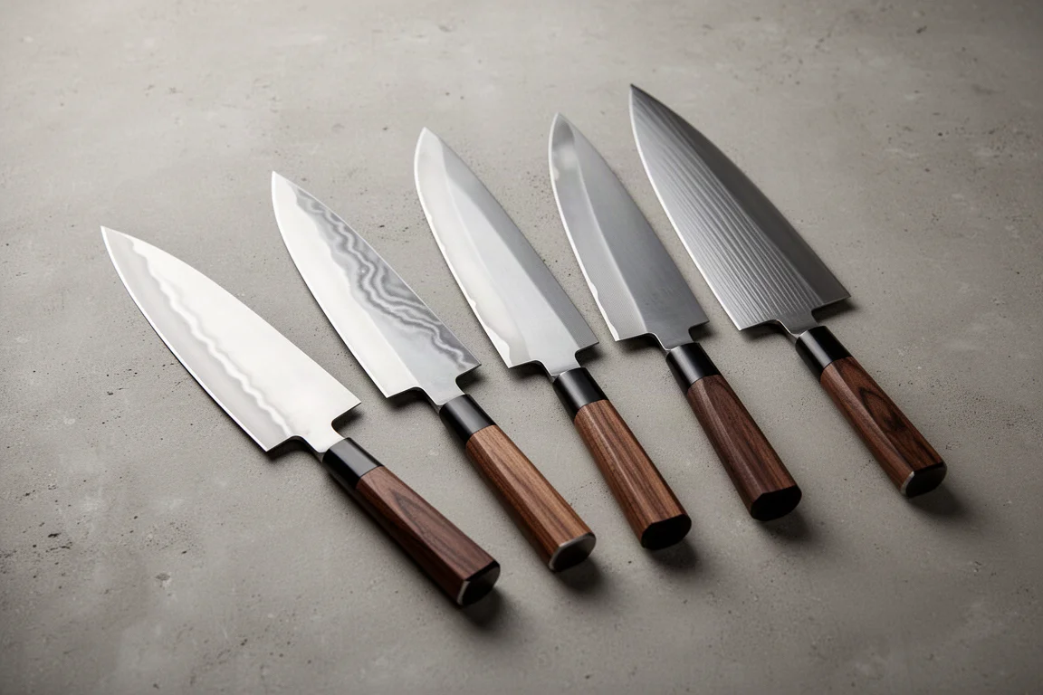 Five Japanese gyuto knives with different grinds arranged on a concrete surface