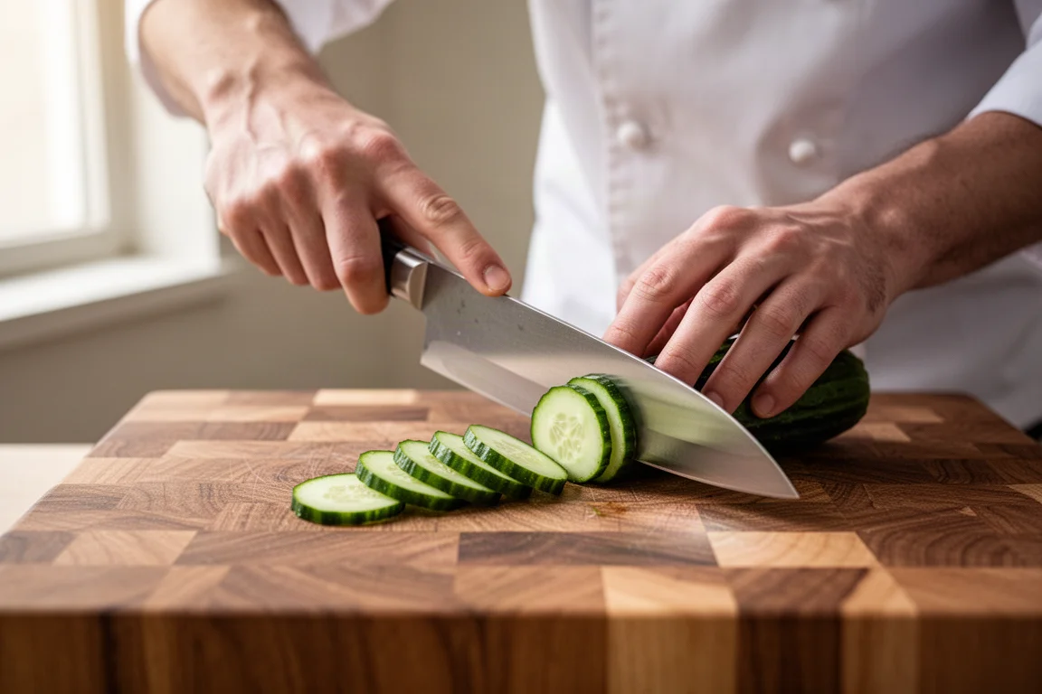 Uno chef giapponese affetta verdure con un coltello gyuto su un tagliere di legno