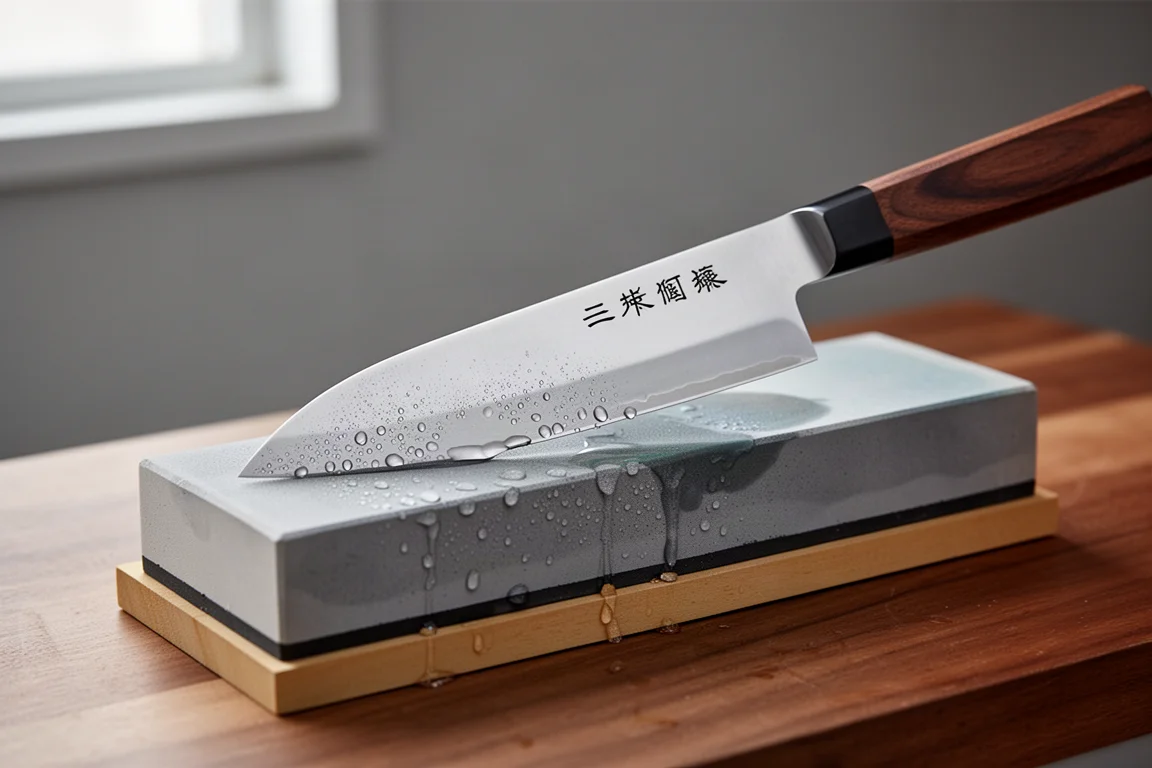 Affilatura di un coltello giapponese su una pietra per affilare in una cucina domestica
