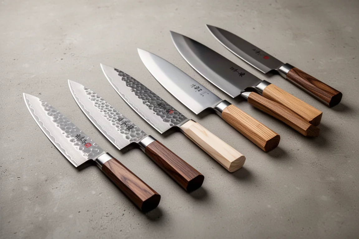 Fila di coltelli gyuto giapponesi con finiture varie e manici in legno su cemento