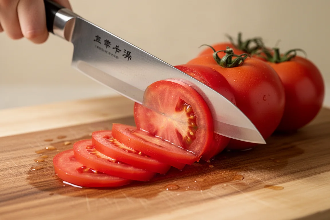 Uma lâmina fina de gyuto fatiando tomates maduros sobre uma tábua de madeira