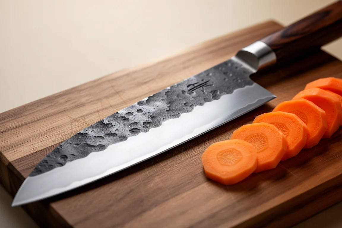 Uma lâmina de gyuto com acabamento kurouchi e textura forjada escura sobre uma tábua de corte