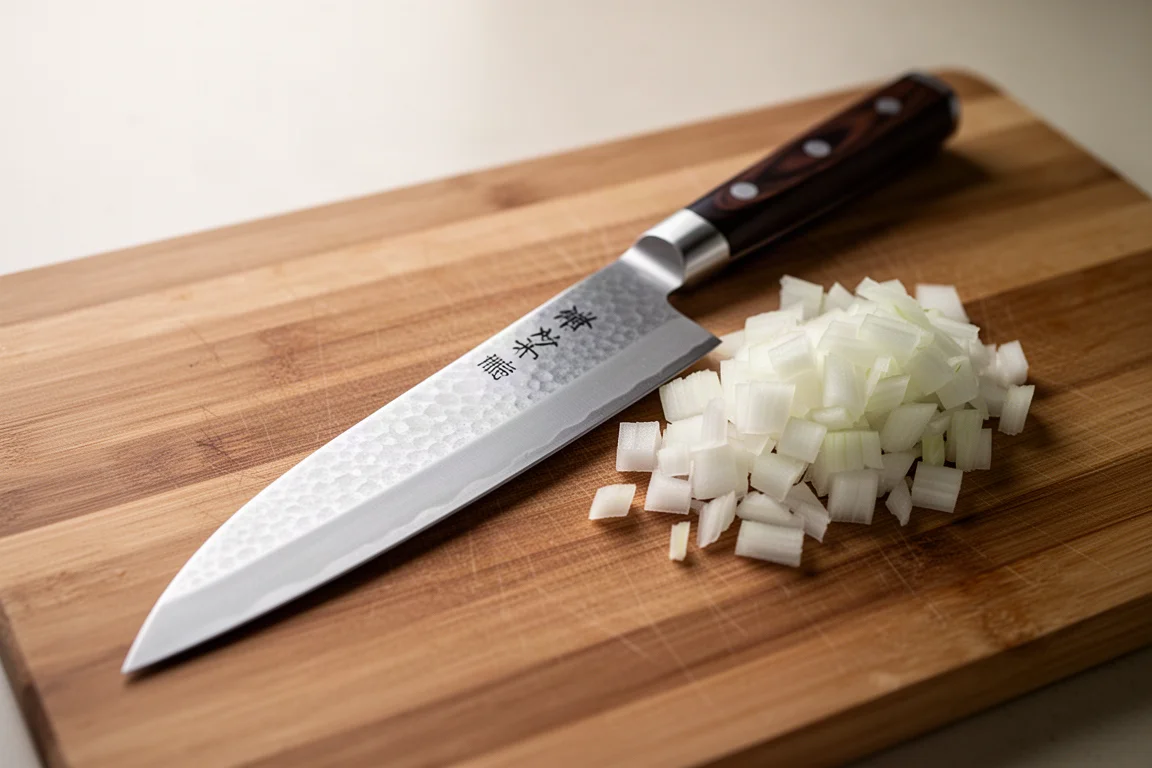 Uma lâmina alta de gyuto estilo kiritsuke com acabamento nashiji ao lado de cebolas picadas
