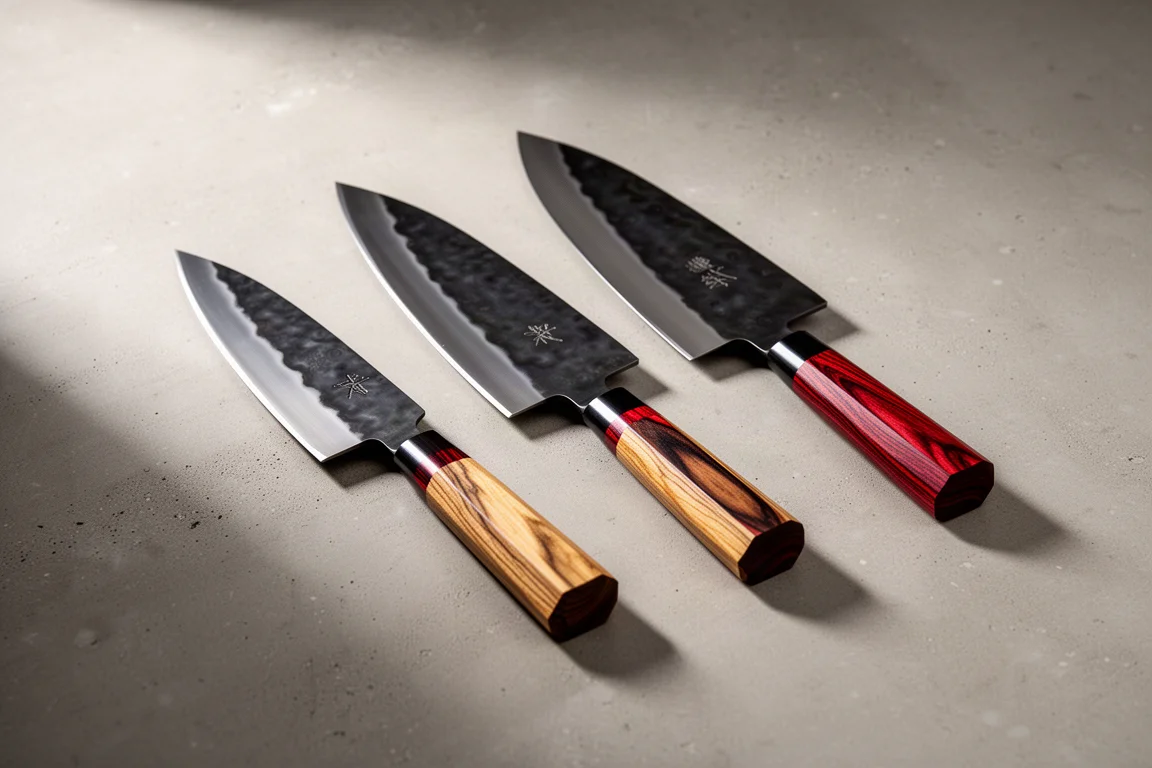 Four Japanese gyuto knives with wa handles arranged on a concrete surface